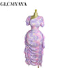 Women Tie Dye Printed Skew Neck Ruched Stacked Bodycon Midi Maxi Long Dress Vacation Holiday Sexy Vestidos Dresses