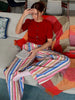 Colorful Striped Wide Leg Trousers Women Bohemian High Waist Multi-color Panelled Slim Straight Pants Lady Beachwear