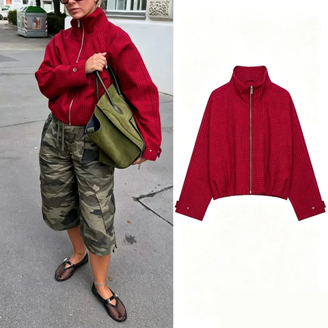 Ladies High Street Casual Chic Red Autumn Winter Women Jacket Outfits Plaid Stand Collar Zipper Loose Bomber Jacket Coat Female