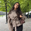 Vintage Plaid Women's Cropped Trench Coat Autumn Lapel Tie Waist Full Sleeve Windbreaker Chic Casual Elegant Jacket