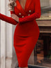Sexy Deep V-neck Long-sleeved Slim Dress For Women Autumn Winter Solid Color Office Ladiy Button Hip Dresses Female