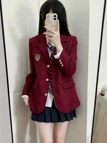 Spring Preppy All Match Suit Coat Bf Loose Solid Color Lapel Casual Buttons Outerwear Japanese Uniform Women Blazer Jacket