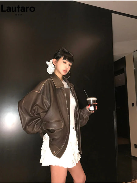 Spring Autumn Cool Handsome Retro Oversized Distressed Brown Soft Faux Leather Jackets for Women Zipper Runway
