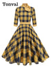 Mock Neck Bowknot Plaid 50s Vintage Dresses for Women 3/4 Length Sleeve Autumn Winter Elegant Pockets Midi Dresses