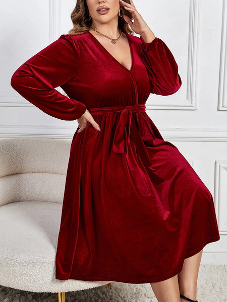 Plus Size Women's Velvet Long Sleeve V-Neck Midi Dress with Waist Tie in Elegant Red
