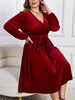Plus Size Women's Velvet Long Sleeve V-Neck Midi Dress with Waist Tie in Elegant Red