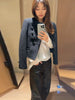 Black Court Style Cropped Jacket For Women Elegant O-neck Long Sleeve Double Breasted Coat Lady Spring Chic Outwear