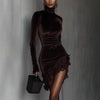 Long Sleeve Lace Patchwork Sexy Velvet Dress Women Autumn Winter Turtleneck Party Dress Elegant Slim Simple Ladies Dress