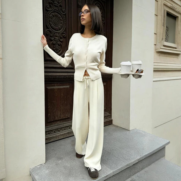 Fall Winter Knitted Suit Solid Cardigan Top Women's O neck Knitted Sweater Straight Trousers Two Piece Set Casual