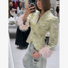 Light Green Landscape Print Jackets Women Chic Stand Collar Furry Cuff Single Breasted Slim Cropped Coat Lady Autumn Daily Wear