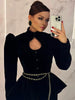 Sexy Hollow Out Puff Sleeves Top Women Chic Waist-cinching Single-breasted Shoulder Pad Short Coat Lady Solid Outwear