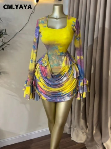 Women Tie Dye Print Ruffles Long Sleeve Bodycon Ruched Draped V-neck Dress Fall Street Birthday Vacation Dresses