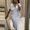 Elegant Printed Satin Long Dress Women Slim Lace Up V-neck Full Sleeve Pleat Dresses Autumn Lady Party Evening Robes