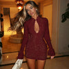 Turtleneck Long Flare Sleeve Patchwork Lace Hollow Out Button Sexy Mini Dress Spring Women Clothes Party Nightclub
