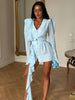 Light Blue Chiffon Short Dress Women Chic Solid Deep V-neck Crop Top Long Ruffle Fringe Slim Fit Dresses Lady Club Party Wear