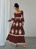 Women's All Over Print Shirred Bishop Sleeve A Line Dress, Long Sleeve Dress for Fall & Winter