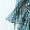 Women Sexy Cross Bandage Black Flower Print Puff Long Sleeve Dress 3 Layer Wood Ears Ruffles Hem Cake Mini Holiday Robe
