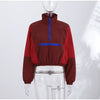 Color Block Cropped Anorak Jacket Women Stand Collar Half Zip Kangaroo Pocket Long Sleeve Jackets Autumn Casual Chic Coat