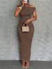 Water Ripple Slanted Shoulder Dress Women's Elegant And Simple Solid Color A-line Collar Mid-waist Sexy Hip Wrap Skirt