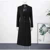 V-Neck Longline Tailored Double-Breasted Blazer Coat Black Peak Lapel Welt Pockets Autumn Elegant Office Women Outerwear