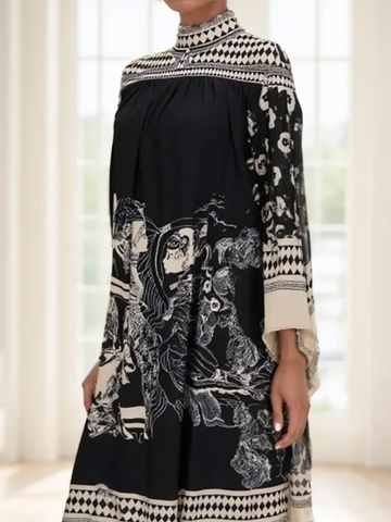 Printed Patchwork Elegant Chic Maxi Dress, Women Spring Autumn Stand Collar Loose Party Dress, Holiday Casual Ladies Dress