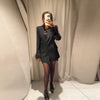 Women's Black Blazer Pants Set With Feather Cuffs Lapel Long Sleeve Button Jacket Wide Leg Pants Lady Chic Outfits