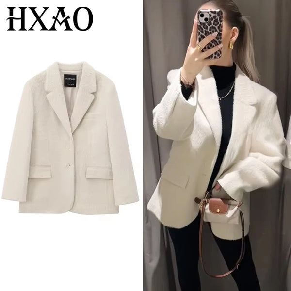 Women's Blazer Faux Fur Coats Outerwears Female Spring Jackets White Fitted Long Sleeve Blazer Office Wear Women 066