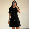 White Elegant Knitted Mini Dress For Women Metal Button Sexy Slim Rib Sweater Dress Holiday Party Outfits Autumn