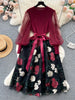 Senior Knitted Patchwork Dress Long Lantern Sleeves Bow Mesh Embroidery Floral Women Autumn France Elegant Party Dress