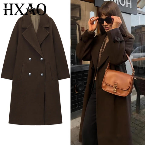 Women's Coat Brown Tweed Wool & Blends Coats Demi-Season Outerwears Oversize Long Coat Woman Peacoat Long Sleeve Overcoats