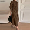 Women's Gathered Front Maxi Dresses Fall Solid Color Turn-Down Collar Long Sleeve Half Buttons Shirtdress Commuting