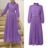 Women's Elegant Chic Maxi Dresses Turtleneck Lantern Sleeves Belted High Waist Pleated Long Dress Korean Style Robe Femme