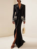 High Street Designer Women's Long Sleeve Notched Collar Rhinestone Diamonds Beading Maxi Long Dress