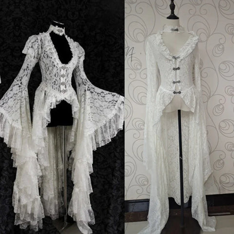 Women Gothic White Vintage Lace Dress Flare Sleeve Medieval Cardigan Cosplay Elegant Long Tail Outwear Victorian Ball Gown