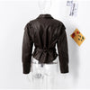 Women Leather Bomber Jackets Coats With Belt Notched Shoulder Pads Motorcycle Street Chic Short Outwear Solid Lace Up