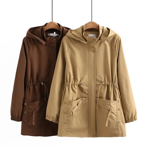 Women Trench Coat Solid Mid Long Hooded Windbreaker Middle Aged Mothers Clothes Large Size 5XL 6XL 7XL Female Outerwear