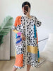 Pleated Contrast Color Leopard Printed Dress Stand Neck Single Breasted Mid-length Dresses Women Party Clothing 2Q1027