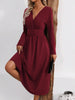 Elegant Solid Color Knit Dress for Women Fall Winter Overlap V-Neck Long Sleeve with Waist Shirring Bodycon Long Maxi Dress