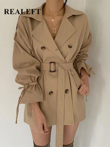 Autumn Winter Khaki Minimalist Women's Trench Coat Sashes Windbreaker Loose Flare Sleeve Double Breasted Trench