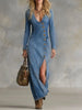 Chic Women Denim Maxi Dress Blue Deep V High Slit Long-sleeved Single Breasted Robe Female Elegant Daily Long Dress