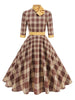 Mock Neck Bowknot Plaid 50s Vintage Dresses for Women 3/4 Length Sleeve Autumn Winter Elegant Pockets Midi Dresses