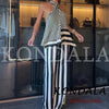 Fall Striped Patchwork Women Blue Suit Neck-mounted Vest+ Modern Straight Pants Night Party Streetwear Set