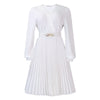 Elegant Dresses Woman V Neck Full Sleeve Pleated Mid Calf Belt Waisted African Female Birthday Party Dress