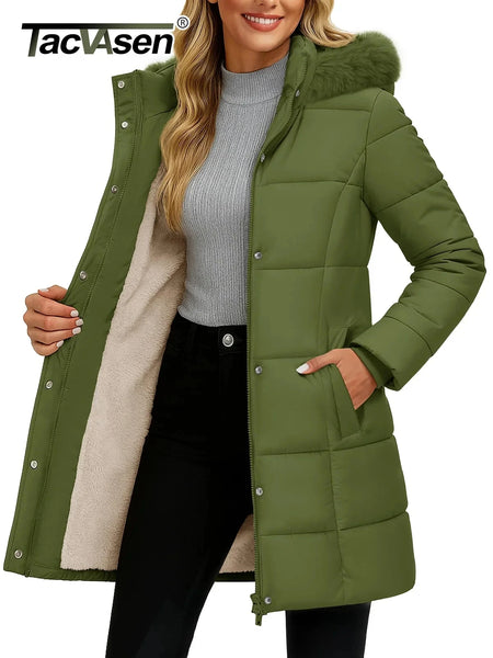 Womens Fleece Long Padding Winter Jacket Down Puffer Outwear with Removable Hood Waterproof Windproof Thicken Park Coat