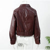 Vintage Wine Red Loose Short Leather Jacket Women Lapel Long Sleeves Zipper Cropped Coat Autumn Lady Street Outwear