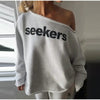 Letter Print Cuffed 2 Piece Set One‑Shoulder Cropped Sweatshirt Elastic Waist Wide Leg Pants Autumn Lady Street Casual Chic Sets