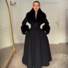 Women Wool Blend Coat Faux Fur Collar And Cuffs Fitted Waist Flared Maxi Silhouette Outerwear Winter Elegant Street Overcoat