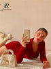 Women Korean Knitted Dress Long Sleeve V Neck Elastic Slim Pencil Dresses Autumn Sexy Bodycon Split Sweater Dress