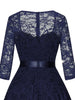 Sweetheart Neck Elegant Lace Long Swing Dress Women 3/4 Length Sleeve Belted Spring Autumn Vintage Ladies Midi Dresses