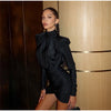 Black Pleated Shoulder Pad Dress Women Full Sleeve High Collar Slim Mini Dresses Lady Daily Commute Elegant Gowns